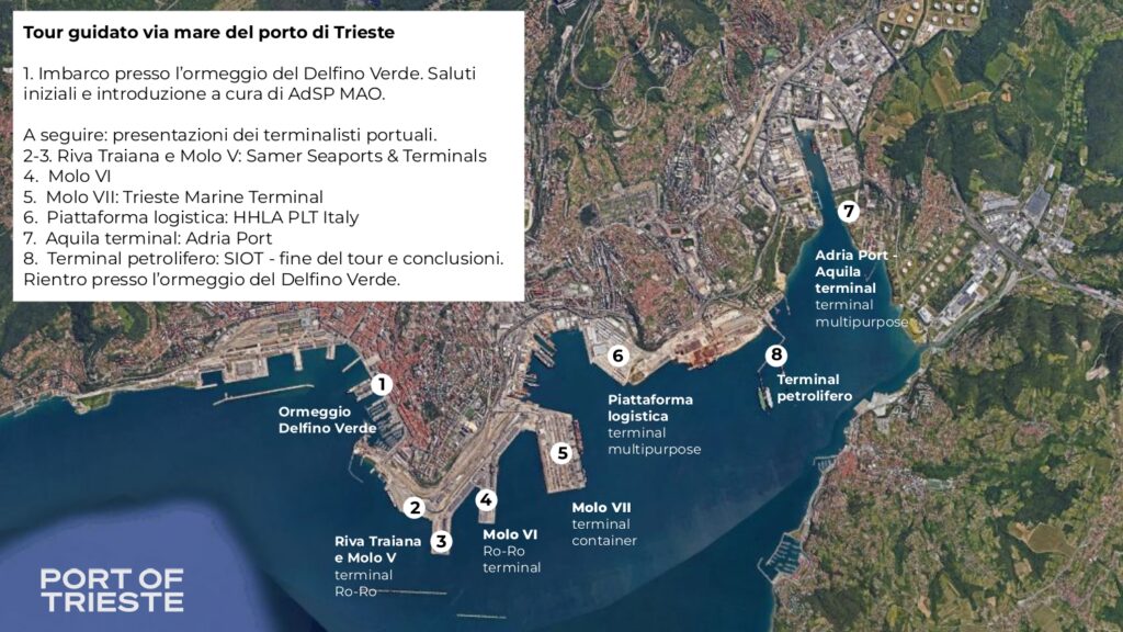 Mappa del porto di Trieste con un tour guidato via mare, mostrando punti di imbarco e terminal portuali.