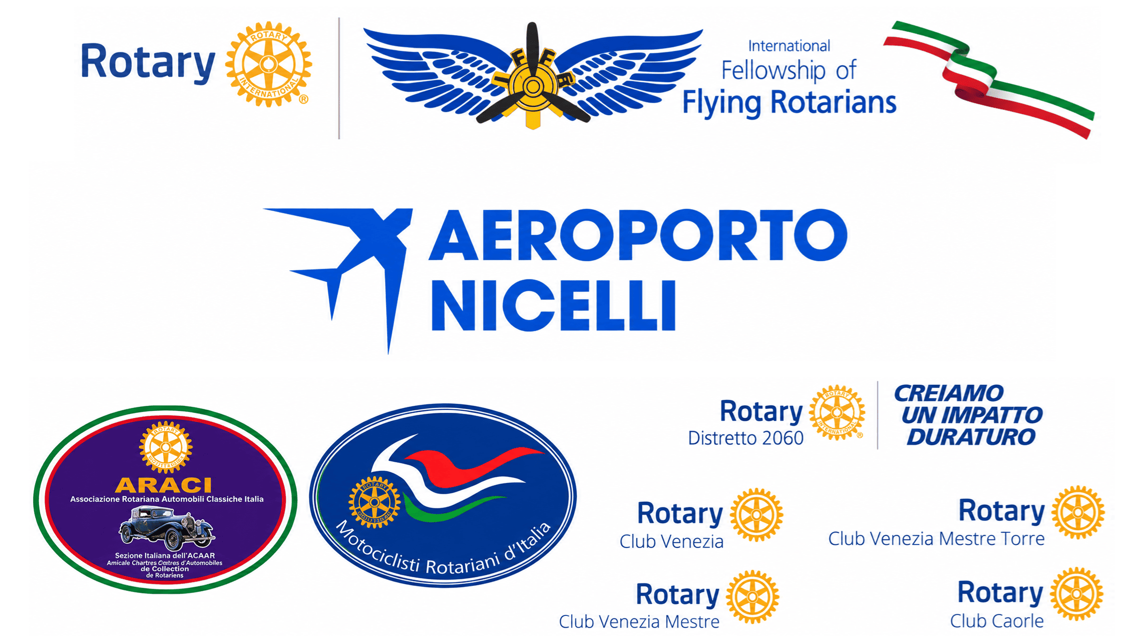 Logo del Rotary International e del Fellowship of Flying Rotarians, insieme al logo dell'Aeroporto Nicelli e vari loghi dei club Rotary italiani.